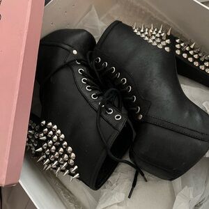 Spike JCs Black and Silver Lace Up Boots with Studded Heels